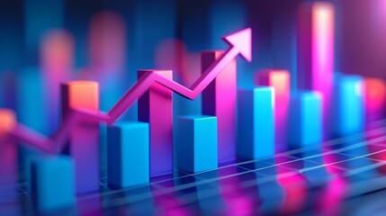 The 3d growth business graph on success financial represents profit and revenue growth, accompanied by a hovering arrow indicating positive market trends