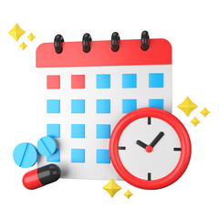 pill Calendar and Clock Icon with Date and Time Reminder Illustration 3d icon with transparent background