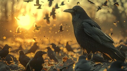Fototapeta premium Close-up of a black raven with a ruined medieval castle in the background
