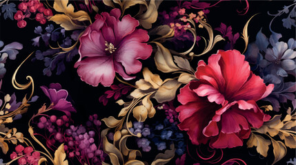Luxurious floral 3d wallpaper with a pattern of flowers in rich colors on a black background vector. Dramatic floral abstraction, ornament, pattern, art illustration. Luxurious black floral print. - obrazy, fototapety, plakaty