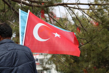 Party Rally. 2024 Turkish Elections. Voters waving Turkish flag and party flag.
