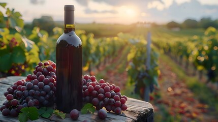 Commercial photograph of a bottle of red wine with grapes around it in a vineyard. Image of the wine industry - obrazy, fototapety, plakaty
