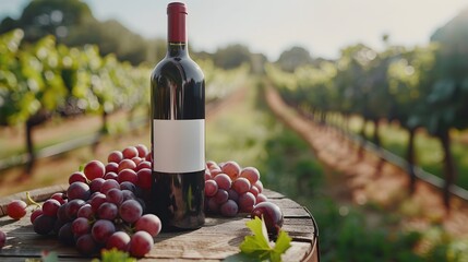 Commercial photograph of a bottle of red wine with grapes around it in a vineyard. Image of the wine industry