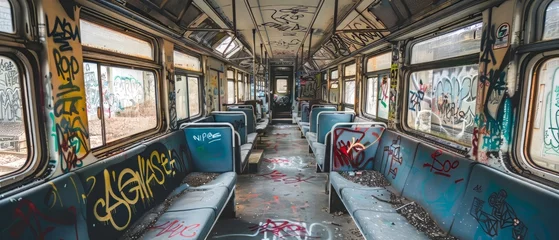Gordijnen graffiti on the interior of a bus car train interior in graffiti abandoned. An abandoned and deteriorated train with graffiti. Generative ai © Mickael