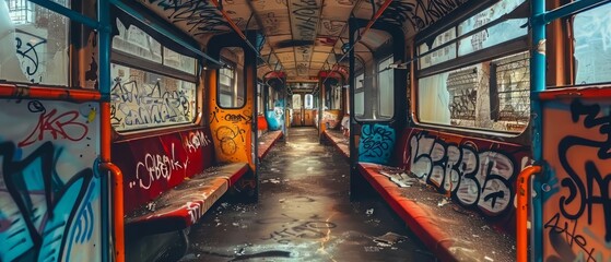 graffiti on the interior of a bus car train interior in graffiti abandoned. An abandoned and deteriorated train with graffiti. Generative ai - obrazy, fototapety, plakaty