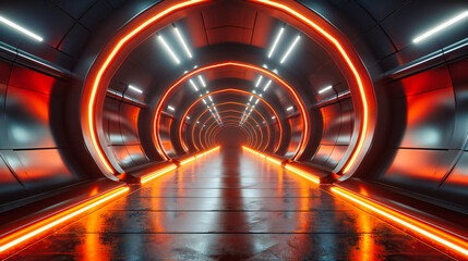 Futuristic Neon Light Tunnel, Modern Corridor Design, Abstract Space and Technology Concept