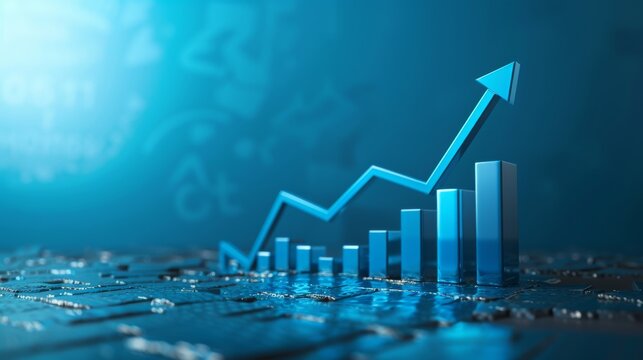 The 3d growth business graph on success financial represents profit and revenue growth, accompanied by a hovering arrow indicating positive market trends