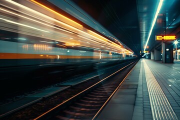 Fototapeta na wymiar High speed fast train passenger locomotive in motion at the railway station 