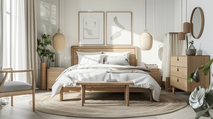 Cozy Scandinavian Bedroom Interior with Neutral Textiles AI Generated.