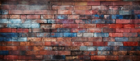 An old red brick wall featuring a variety of textures and colors, including striking blue and red bricks. The wall exudes a sense of history and character, with each brick adding to its overall charm.