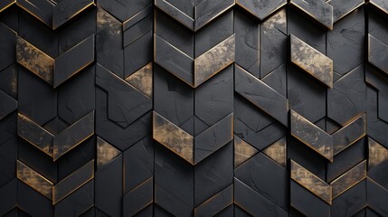 3D wall panels in black and gold with geometric modules that are tinted and a high-quality, seamless 3D illustration