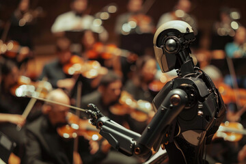 A powerful image of a robot conductor leading an orchestra in a flawless performance