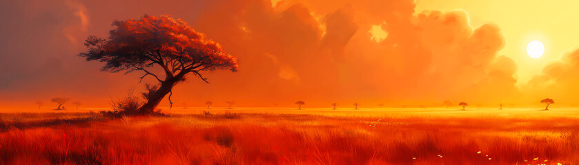 dramatic golden hour sunset in a surreal african landscape, artwork with baobab trees, big sun, twilight