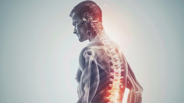 3D representation of an x-ray showing a man with a protrusion, hernia, back pain, and a curved spine.