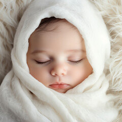 a close-up shot of a sleeping baby wrapped snugly in a white blanket. 