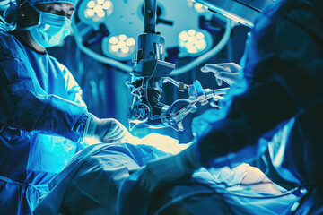 A dramatic image of a robot surgeon operating on a patient with incredible precision