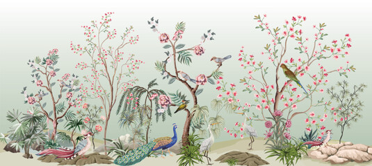 Printblossom tree With sparrow, finches, butterflies, dragonflies. Seamless pattern, background. Vector illustration. Chinoiserie, traditional oriental botanical motif. Mughal Plants, Peacock. - obrazy, fototapety, plakaty