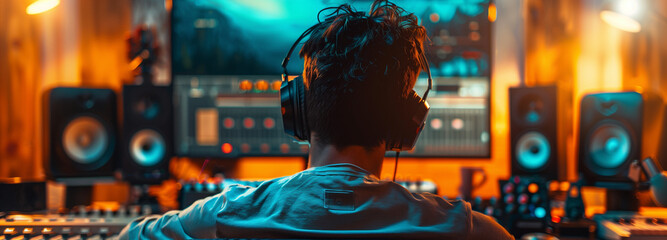 Man wearing headphones sitting in front of computer screen with Capcut video editing