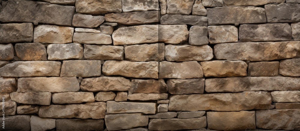 Poster a close-up view of an old stone wall built entirely from small rocks. the rocks are tightly packed t