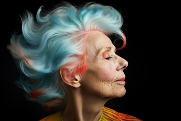 Bold Old lady colored hair. Face fun wavy. Fictional person. Generate Ai