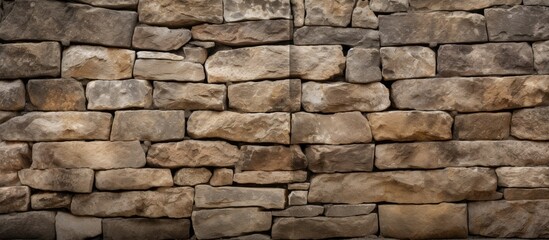 Fototapeta premium A close-up view of an old stone wall built entirely from small rocks. The rocks are tightly packed together to form a sturdy and historical structure.