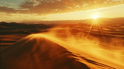 Desert landscape with sand dunes, sultry sun. Extreme adventure concept. Generative AI