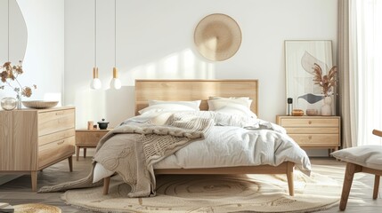 Modern Scandinavian Bedroom with Minimalist Design AI Generated.