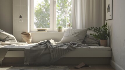 Minimalist Bedroom with Cozy Window Seat and Plush Cushions