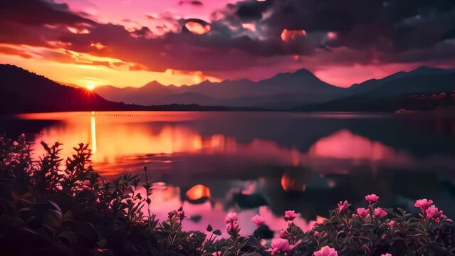 Video animation of sunset over a calm lake, surrounded by majestic mountains. The sky is painted with hues of purple, pink, and orange