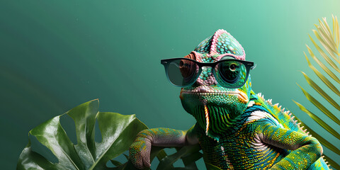 Cool Chameleon wearing sunglasses on a green backdrop, attention-grabbing style sales and marketing banner for corporate and business 