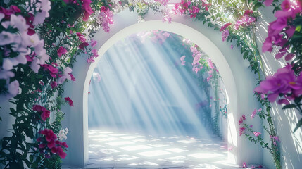 Aesthetic arched tunnel with red flowers and shadows in garden on sunny day. Romantic elegant...