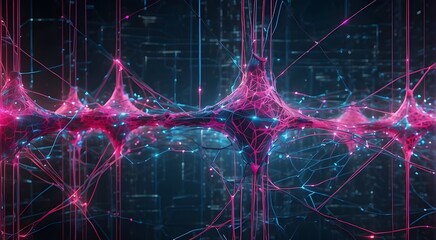 Abstract technological image in neon pink and electric blue with artificial neurons, linked particles, and a cyber network grid. thriving international data connections - obrazy, fototapety, plakaty