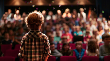 Child facing audience on stage, back to camera, spotlighted. - obrazy, fototapety, plakaty