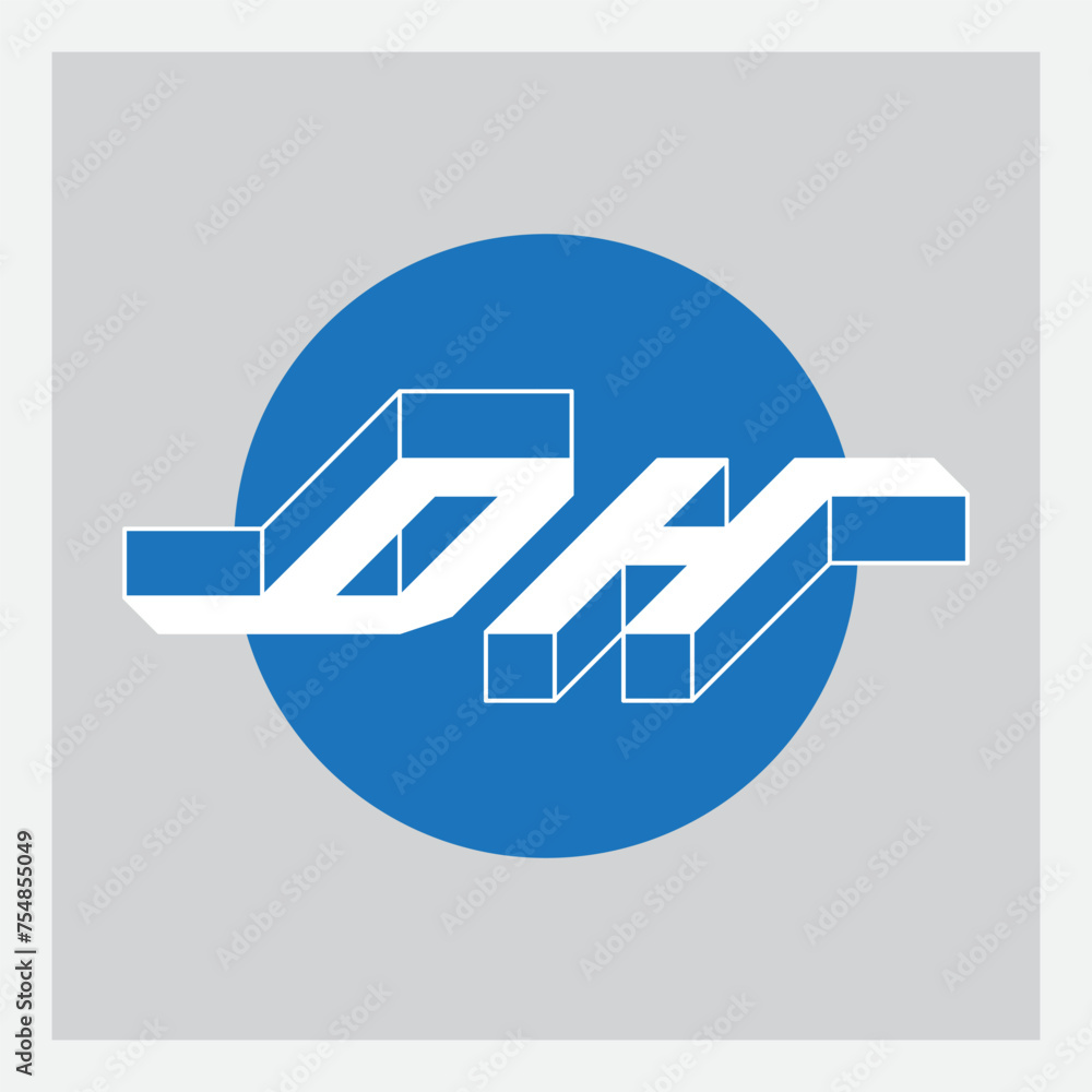 Poster d and h - monogram or logotype. isometric 3d font for design. three-dimension letters inside circle.