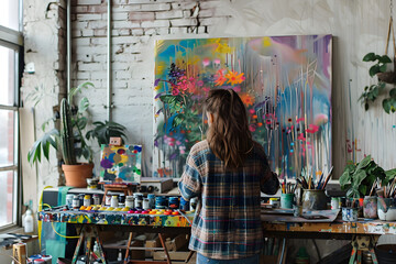 Artistic workspace: White female artist painting in her studio, canvas sprawled with vibrant colors, inspiration in motion