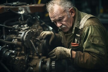 Fototapeta na wymiar Meticulous Elderly man mechanic repairing equipment. Senior male working in automotive garage service. Generate ai