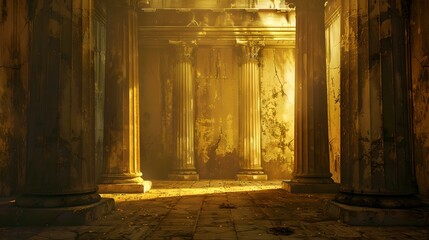 Majestic ancient columns bathed in golden light, evoking a sense of history and mystery. classical architecture in a serene setting. AI