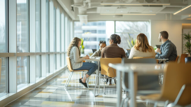Team of diverse professionals engaged in a meeting at a sunny boardroom.