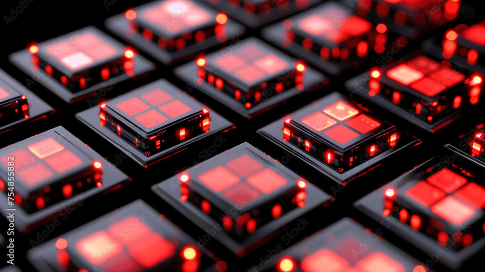 Poster a close-up of advanced microchips with red lights glowing on a dark technological background