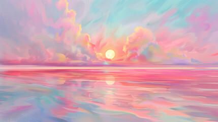 A painting of a pink and blue sky with a sun in the middle. The sky is filled with clouds and the sun is shining brightly.