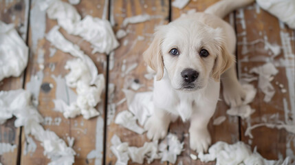 いたずらで部屋を散らかして怒られる白いレトリーバーの子犬