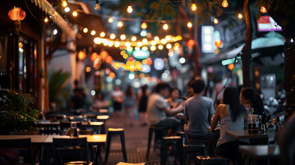 Outdoor restaurant with people sitting at tables and enjoying their meals. The atmosphere is lively and bustling, with many people gathered around the tables - obrazy, fototapety, plakaty