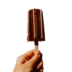 Hand-holding chocolate popsicle. Chocolate popsicle with transparent background
