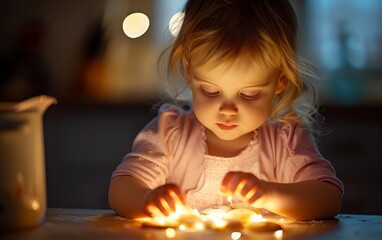 A multiracial little girl sitting at a table, focused on a lit candle in front of her - Powered by Adobe