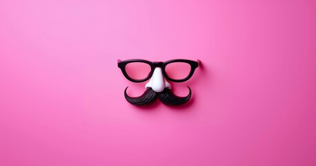 Funny mustache and glasses top view on a pink background. Minimal style. april fool's day concept, greeting card - obrazy, fototapety, plakaty