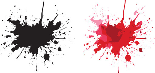 Set of two black and red ink splashes on a white background. Color splashes or splatter vector art. 
