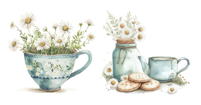 Cup and Pot with Cookies Watercolor