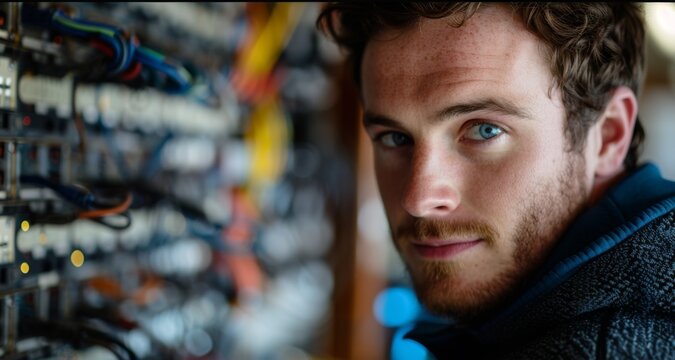 A multiracial man stands in front of a collection of wires, showcasing a connection to technology and complexity