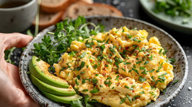 A photo featuring a wholesome breakfast plate with scrambled eggs, whole grain toast, and sliced avocado, captured from a bird's-eye view. Highlighting the fluffy texture of the eggs and avocado
