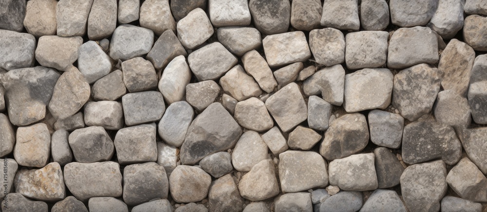 Poster a sturdy stone wall built from small granite rocks, creating a textured and durable surface. the roc